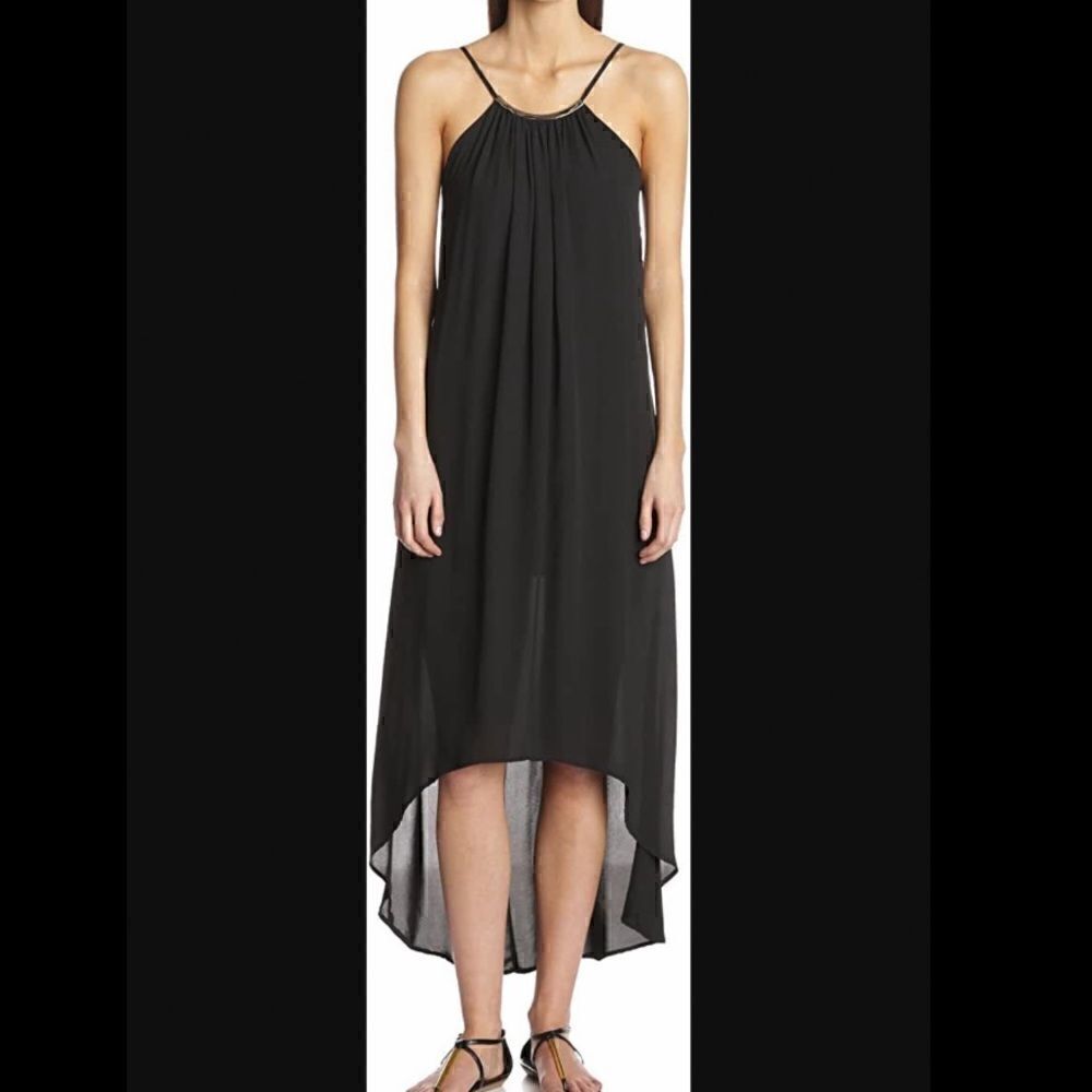 Eight Sixty high low dress in black w/ gold bar